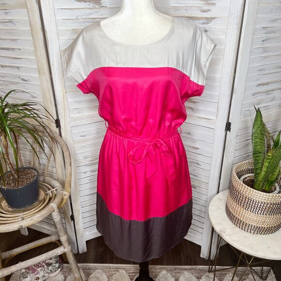 BODEN Women's Color Block Shift Dress Silk Viscose Taupe Pink Chocolate Belted 8 - Picture 12 of 13